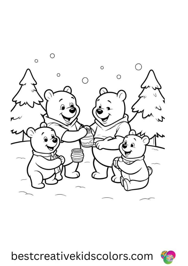 Winnie the Pooh coloring pages printable PDF Winnie the Pooh coloring pages printable PDF shows Pooh sharing honey with friends under snow.