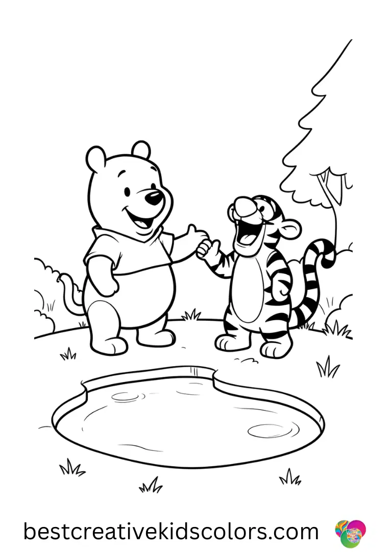 Winnie the pooh christmas coloring pages disney Winnie the pooh christmas coloring pages disney shows Pooh and friends singing by a snowy pond.