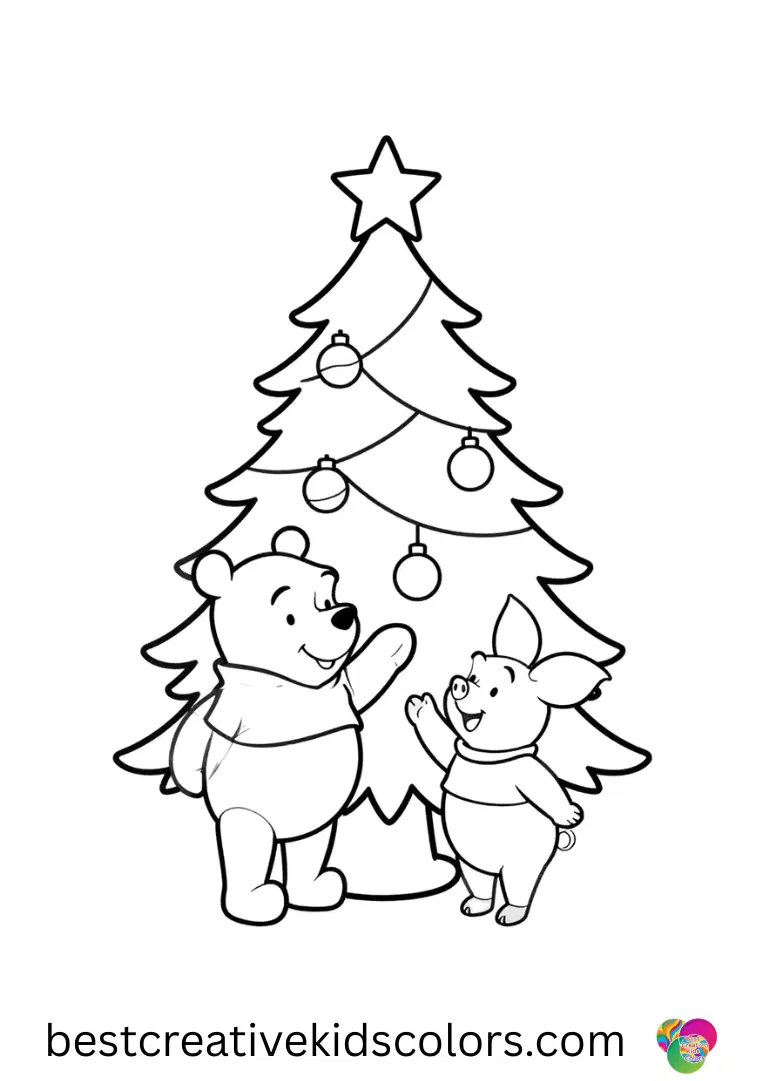Winnie the pooh christmas coloring pages pdf Winnie the pooh christmas coloring pages pdf shows Pooh and Piglet hanging ornaments on a tall tree.