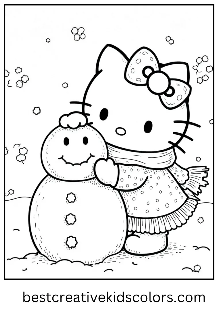 Hello Kitty makes a round snowman with a scarf and tiny buttons in a simple winter scene.
