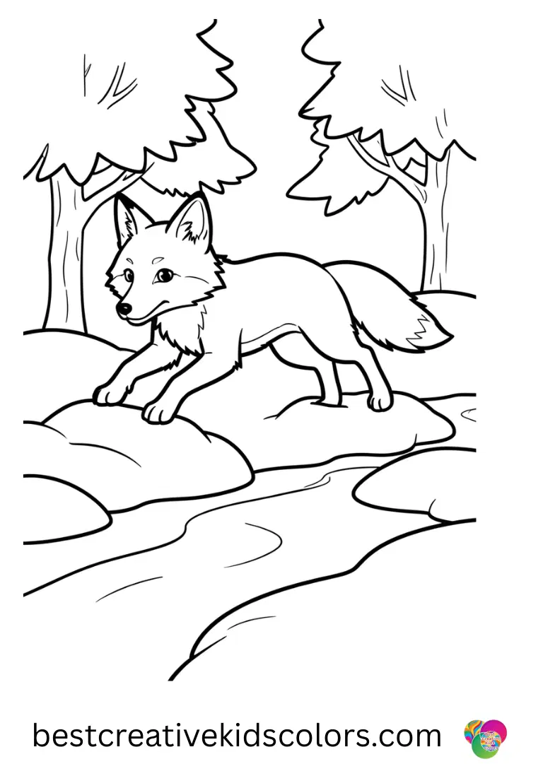 Winter fox coloring page depicts a fox leaping over small snowdrifts near a frozen stream.