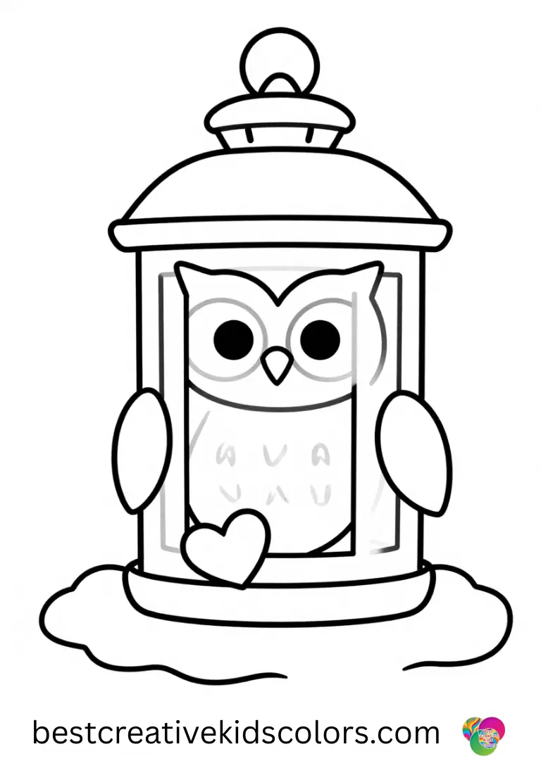 An owl gently pecking a tiny heart into soft snow appears in Winter lantern in february coloring page easy.