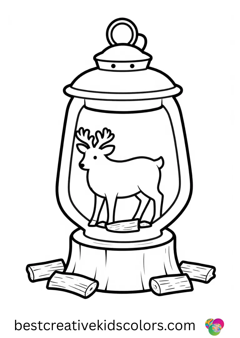 Winter lantern in february coloring page for adults shows a deer lining bark chips around a stump.