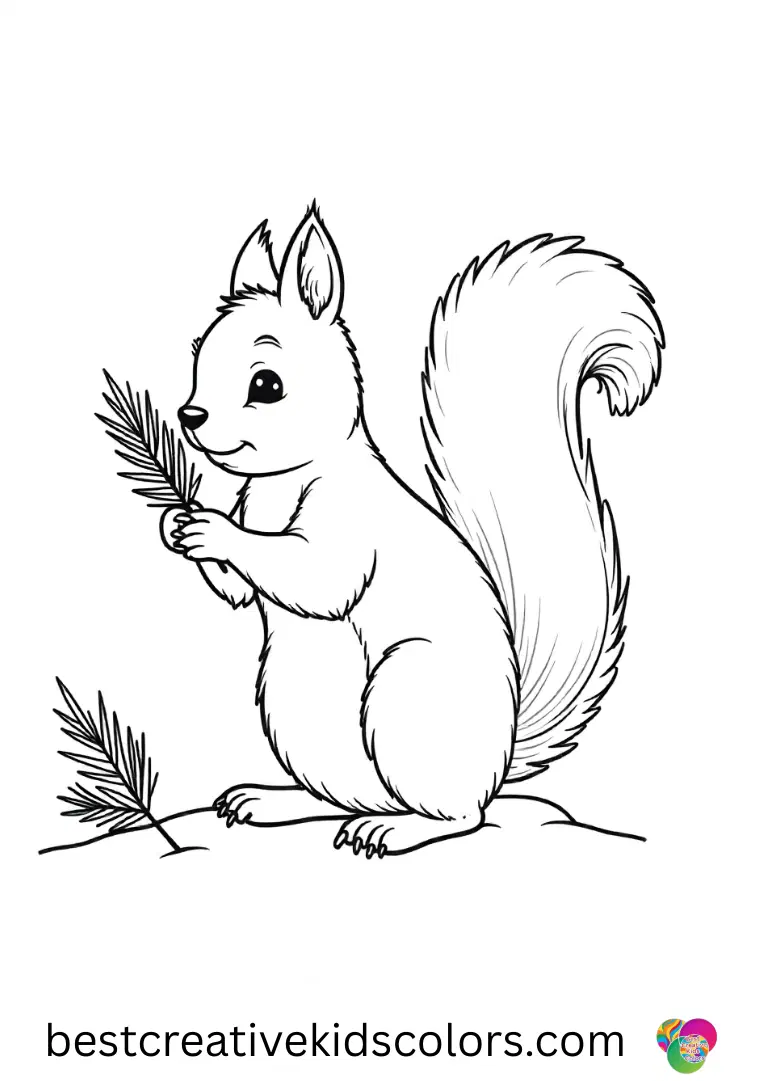 A squirrel pressing pine needles into snowy ridges appears in Winter lantern in february coloring page free.