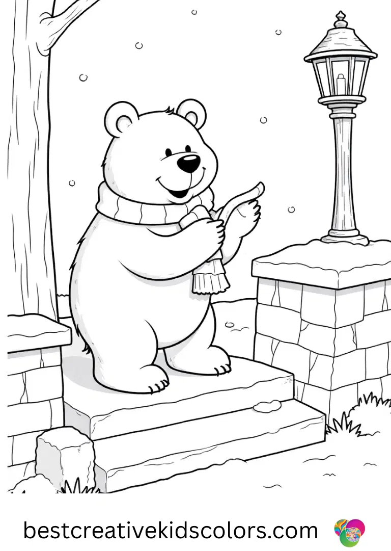 Winter lantern in february coloring page pdf free download features a bear wiping frost from stone steps.