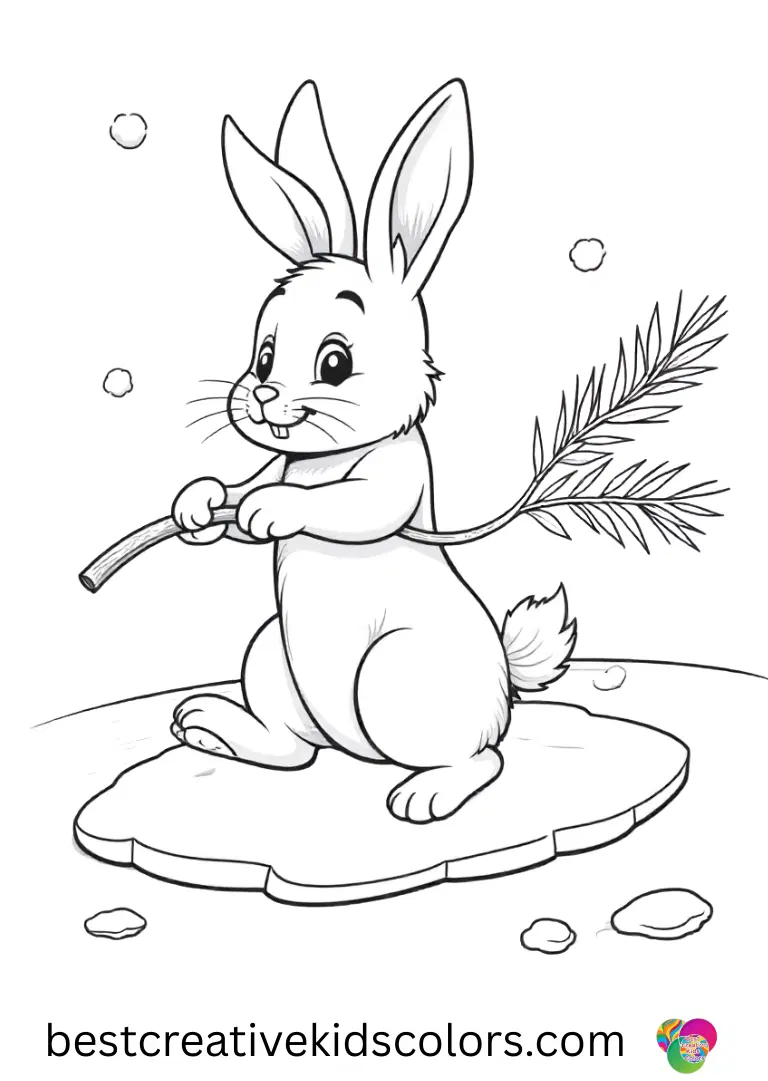 A rabbit dragging a pine twig spiral across smooth ice appears in Winter lantern in february coloring page pdf.