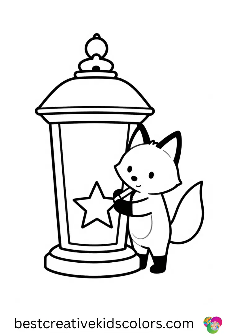 Winter lantern in february coloring page printable shows a fox chiseling a star into a wooden fence post.
