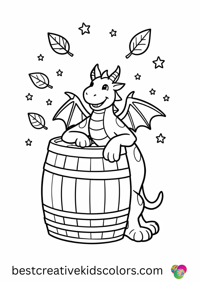 A smiling dragon decorates floating leaves with tiny stars in Wish dragon drawing cute.