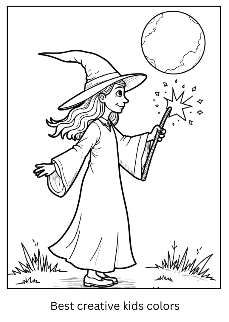 Witch Under Moonlight Halloween Coloring Page