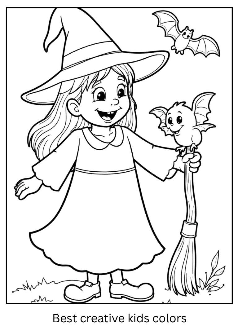 Witch and Bat Friends Halloween Coloring Sheet