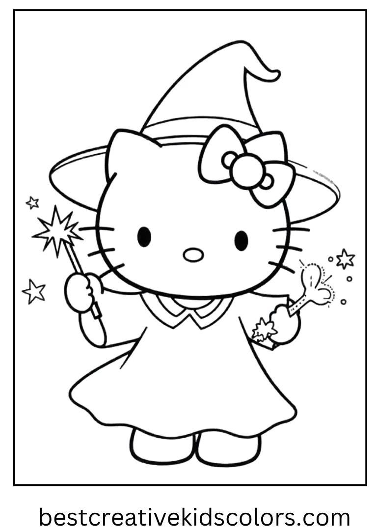 Wizard Kitty with a Magic Wand Coloring Sheet