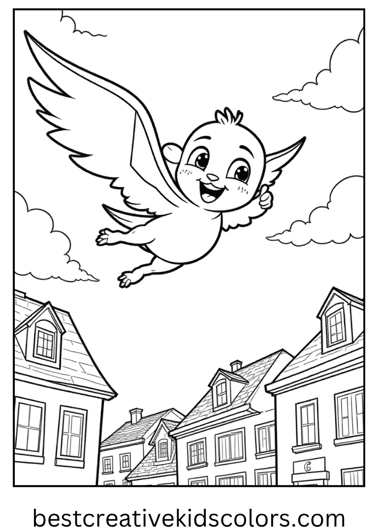 Zero Flying Over Town Coloring Page Zero soars above the rooftops spreading cheer.