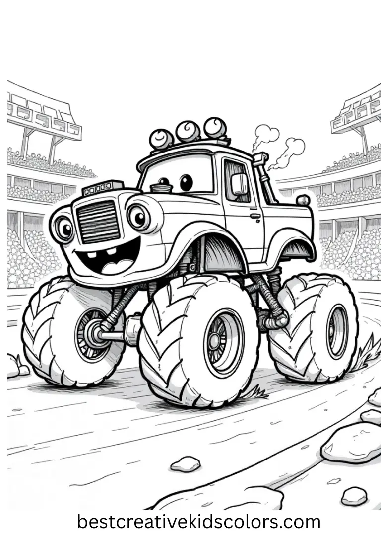 A friendly zombie truck zooms around a stadium. Open outlines make it fun for beginners to color.