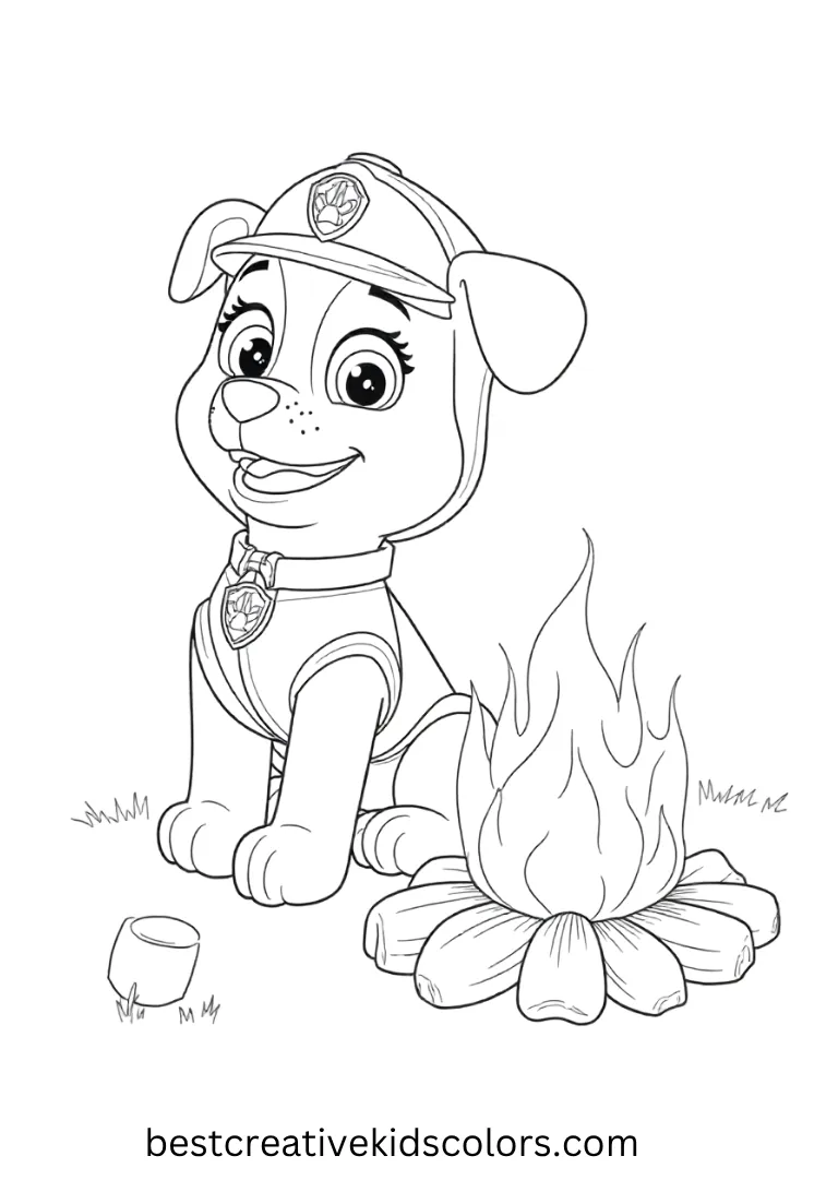 Cute Paw Patrol Coloring Page shows sitting by a campfire roasting marshmallows. This cute paw patrol coloring page is fun to color and enjoy as a cute paw patrol coloring page!