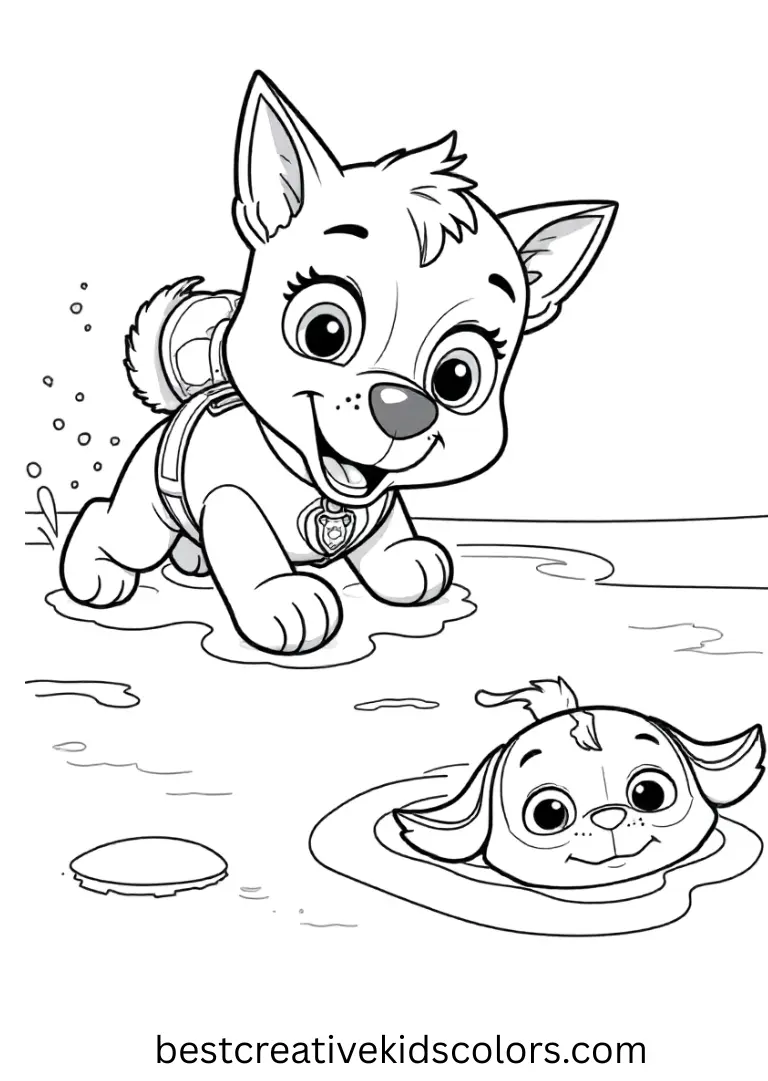 Zuma dives to save a toy drifting near the water’s edge.