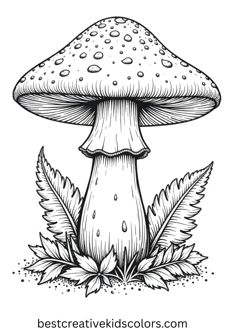 Adult mushroom coloring page shows a detailed mushroom surrounded by fern leaves.