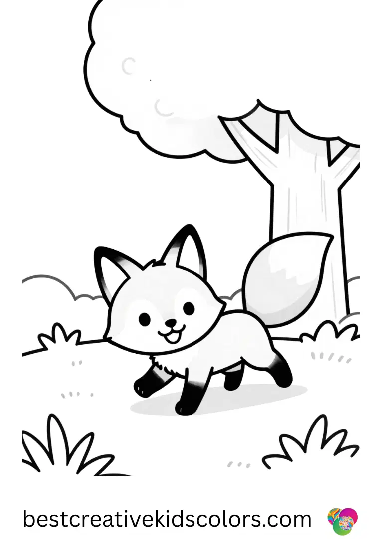 Easy fox coloring pages show a playful fox rolling on soft grass under a tree.