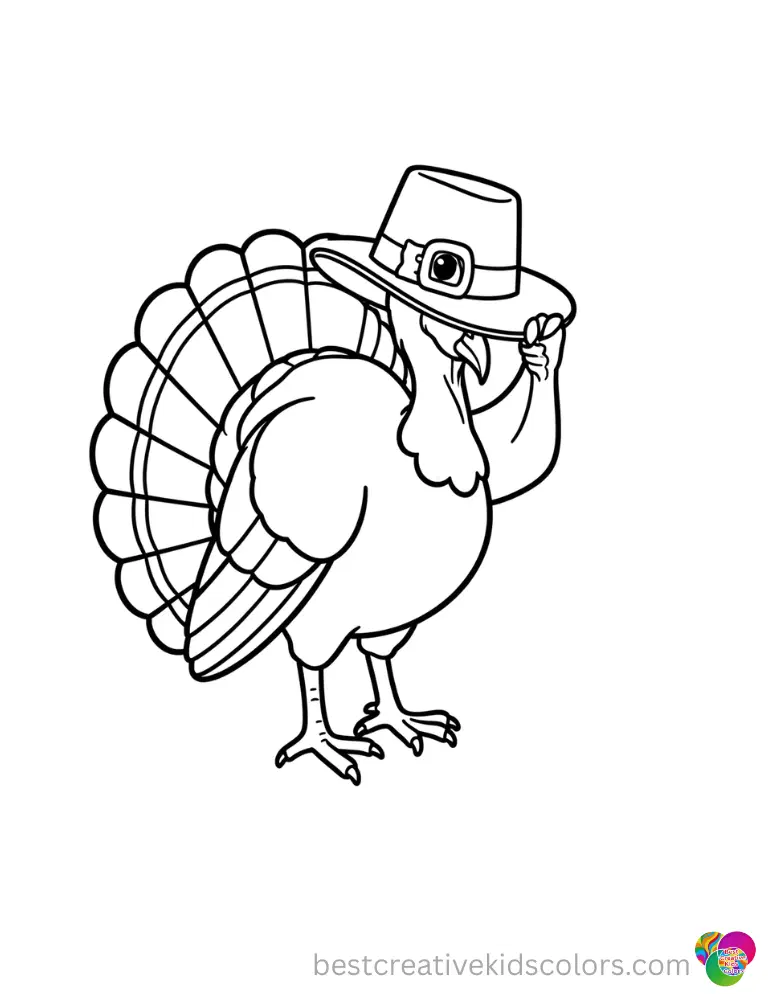 A wild turkey ties a buckled pilgrim hat proudly in this autumn colouring page.
