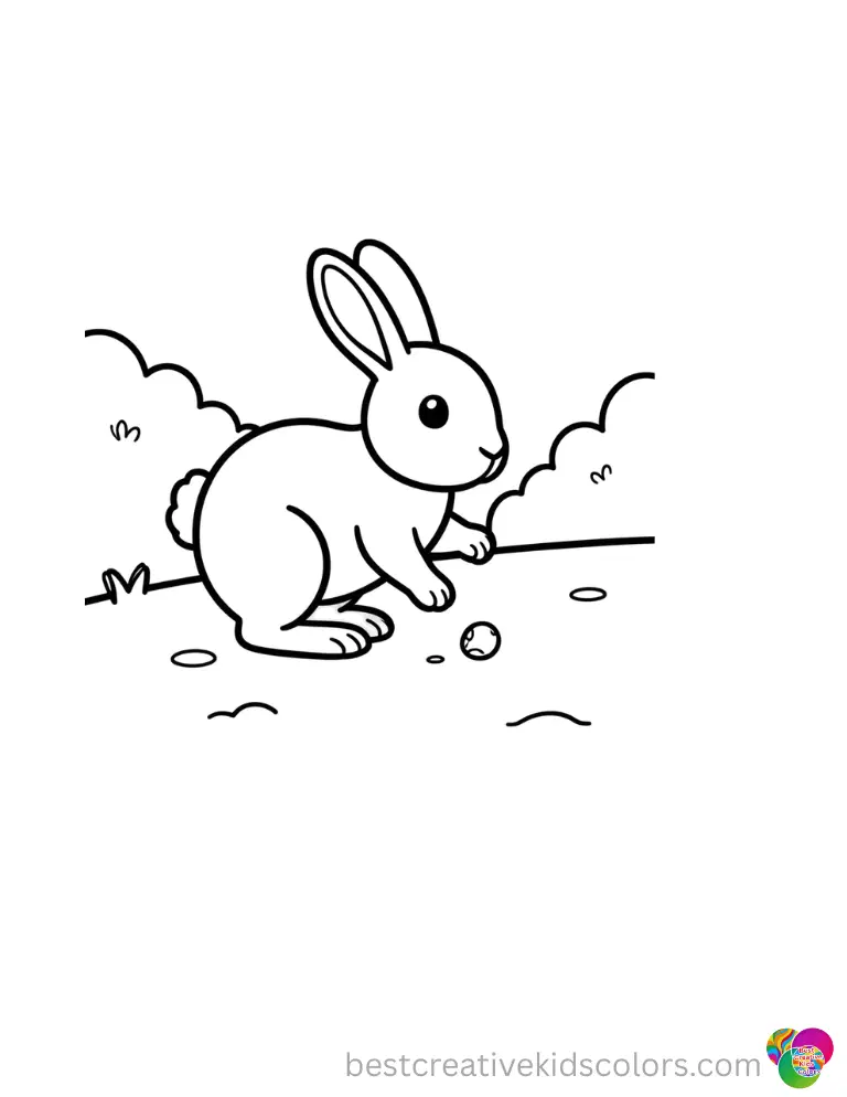A small rabbit in bunny coloring pages kicks a tiny pebble across the dirt path.