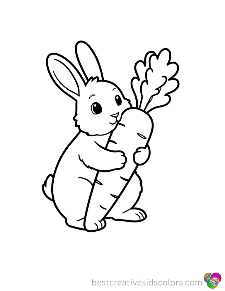 A fluffy rabbit hugs a giant orange carrot very tightly in this bunny printable.