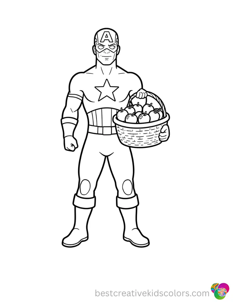 Draw him in captain america coloring pages proudly carrying a basket of sweet apples.
