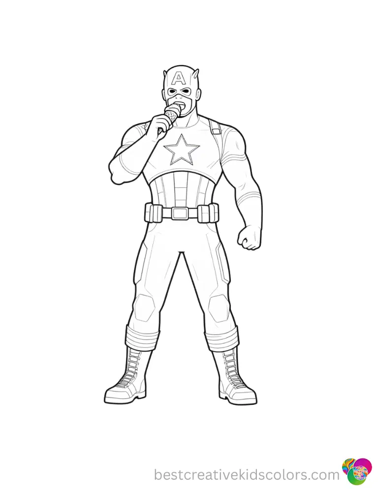 captain america coloring paper showing him tasting a double scoop ice cream outside.