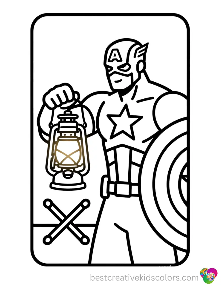 captain america coloring pictures show him lighting a bright metal camping lantern.