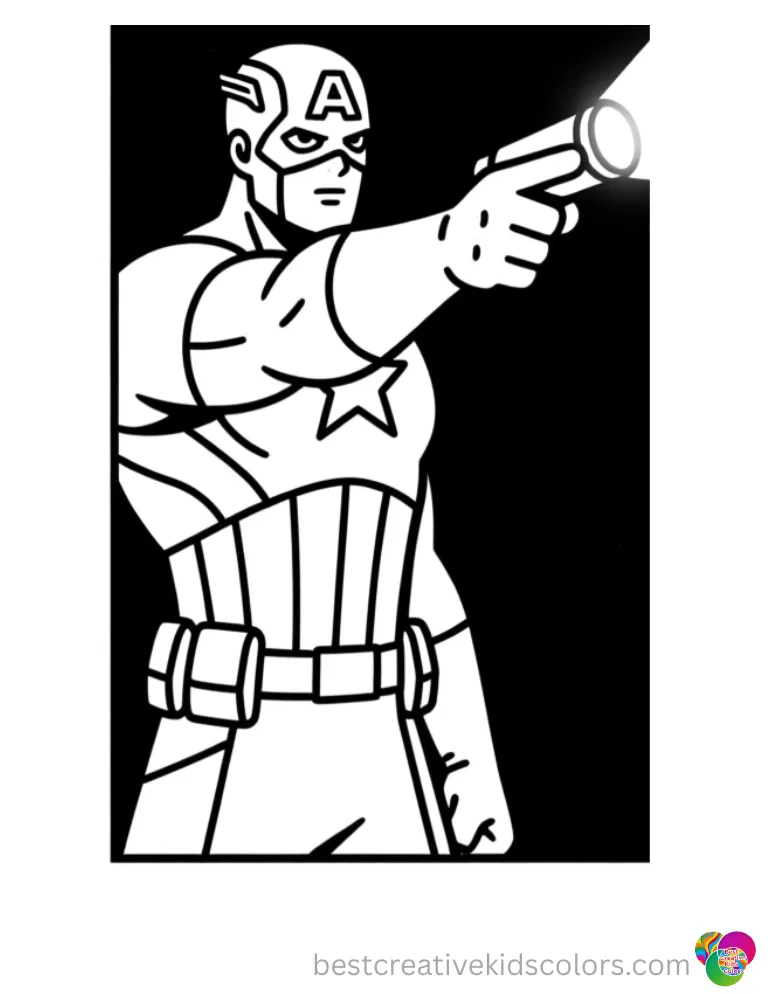 captain america colouring page to color him pointing a shiny flashlight in the dark.