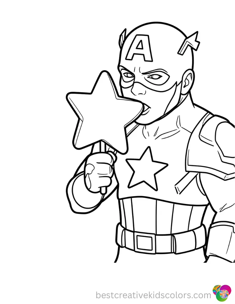 captain america colouring pages featuring him licking a sweet giant star lollipop.