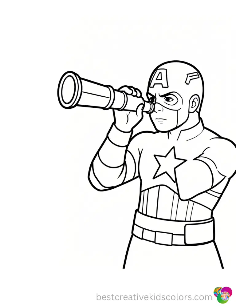  captain america colouring sheet where he is focusing a long brass telescope carefully.
