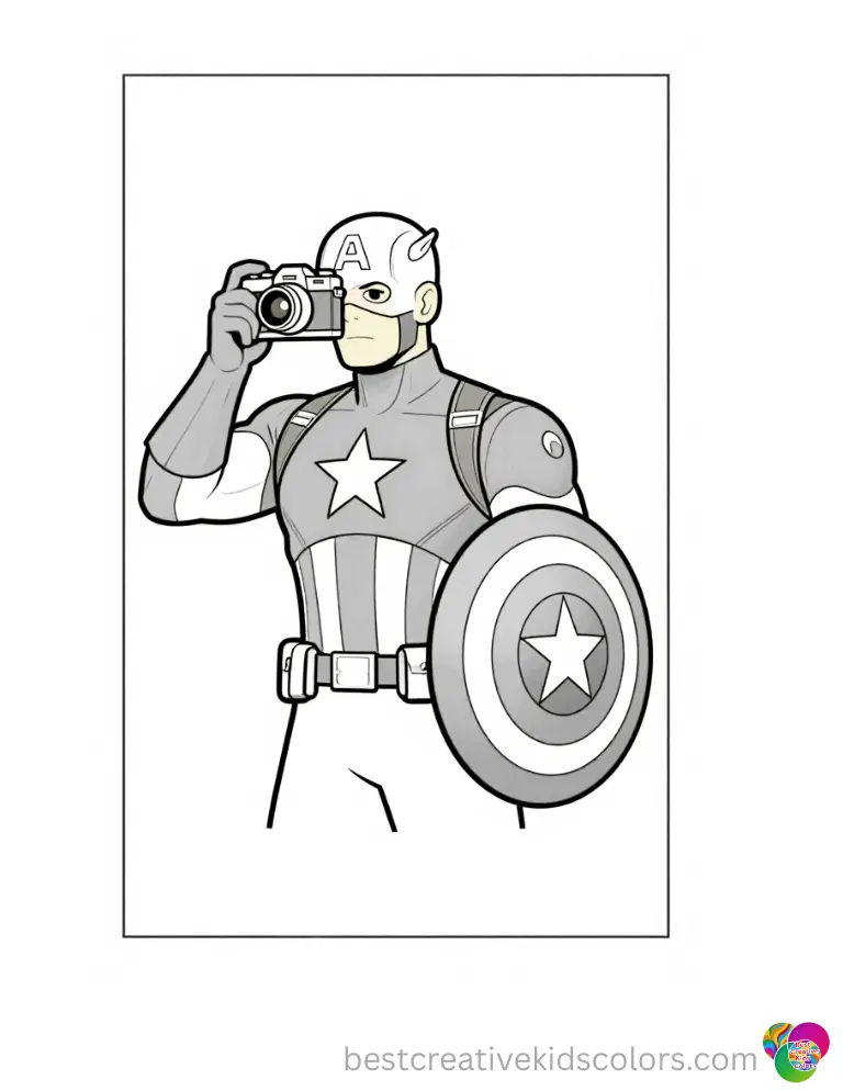 Draw him snapping a picture with a retro vintage camera during fun captain america colouring.