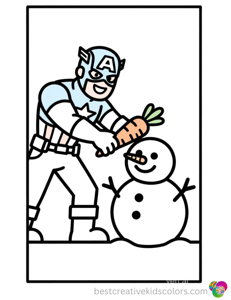 He smiles in these captain america pictures to color pushing a carrot onto a snowman.