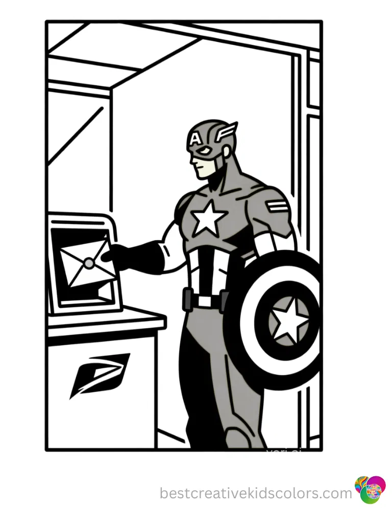 captain america printable coloring pages show him mailing a white letter at the post.