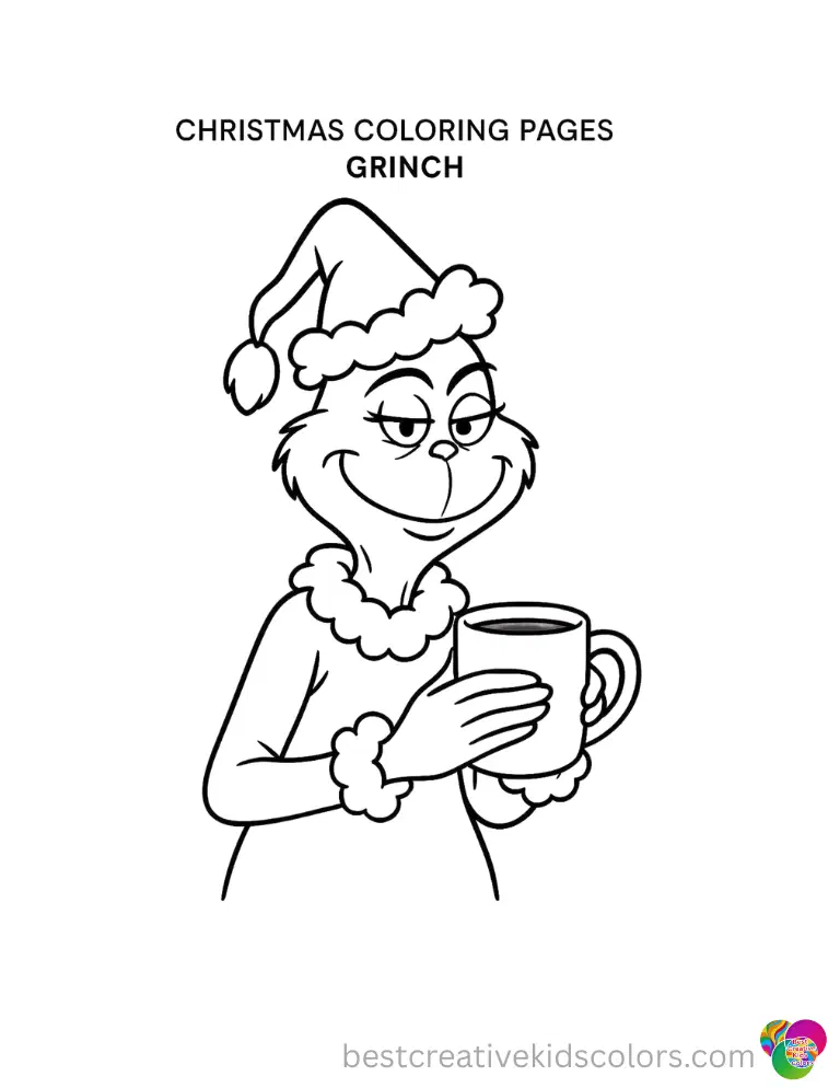 christmas coloring pages grinch displays the grinch gently holding a warm mug today.