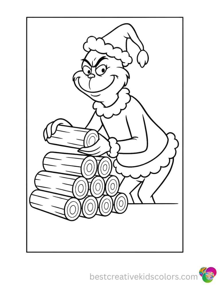 christmas coloring pages of the grinch features the grinch neatly stacking wood logs.