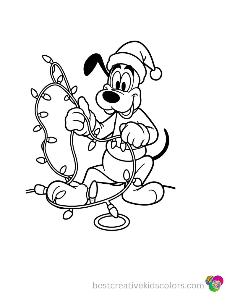 christmas colouring pages disney christmas colouring pages disney showing Goofy untangling a long wire of string lights.