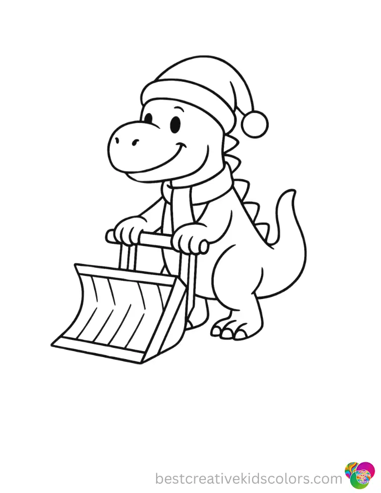 A strong dinosaur safely pushes a wooden snowplow inside christmas dinosaur coloring page.