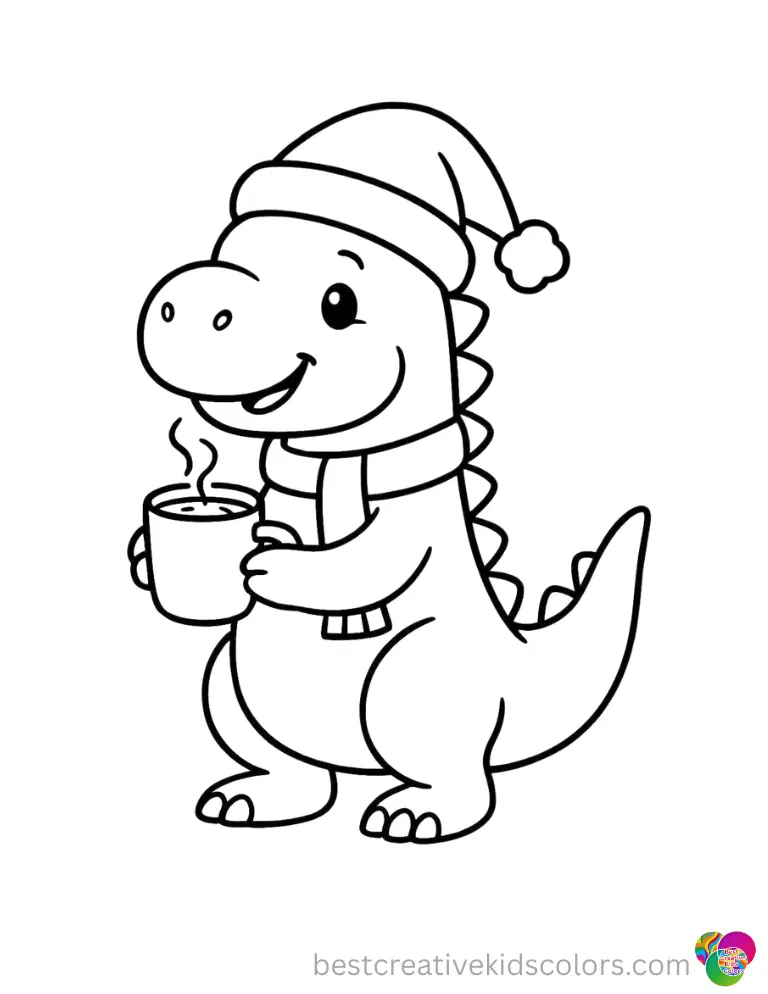 A cheerful dinosaur within christmas dinosaur coloring pages sips warm hot cocoa.