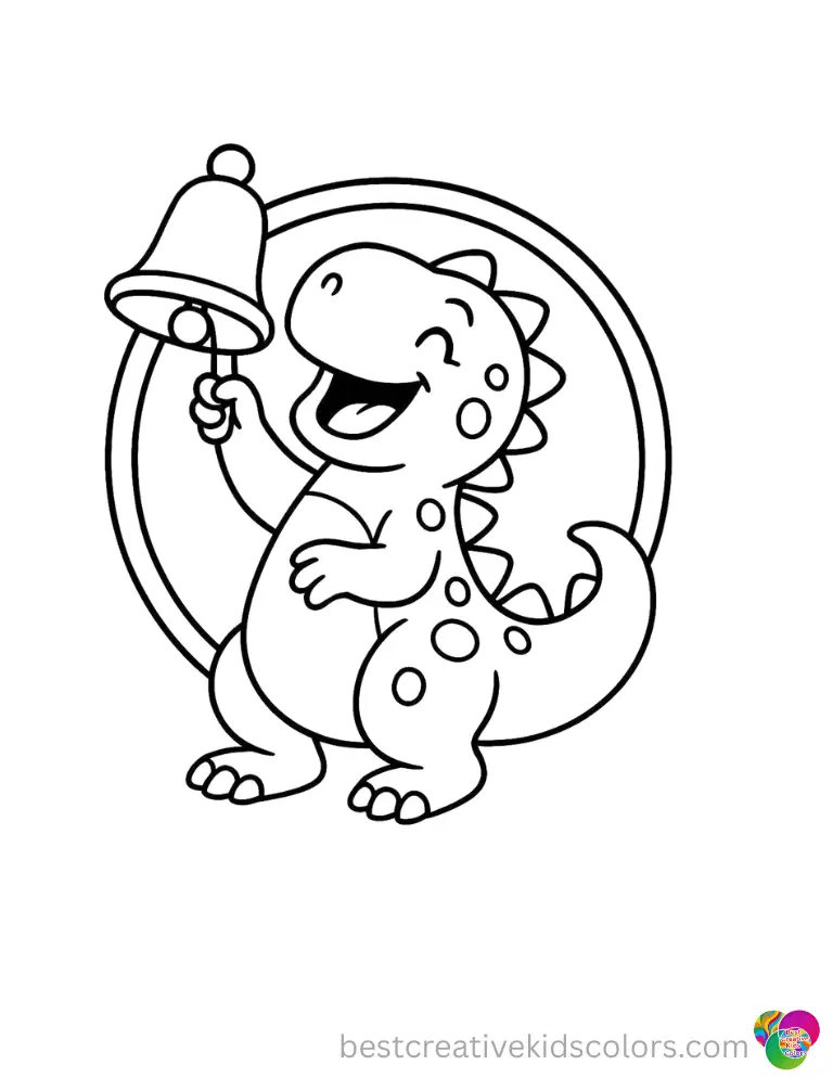 A joyful dinosaur inside christmas dinosaur coloring sheets rings a shiny silver bell.