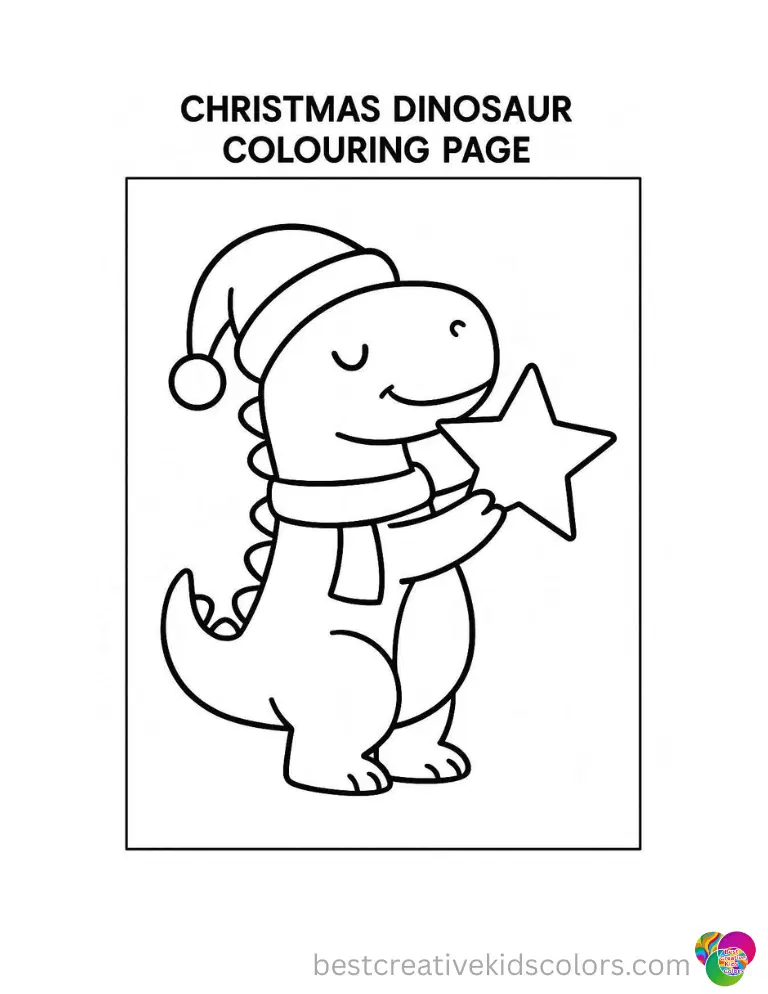 christmas dinosaur colouring page displays a dinosaur lifting a bright gold star.