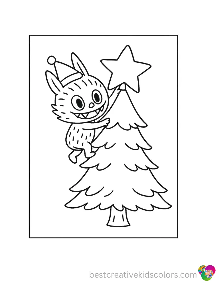 christmas labubu coloring pages features Labubu carefully placing a shiny gold star atop a tall pine tree.
