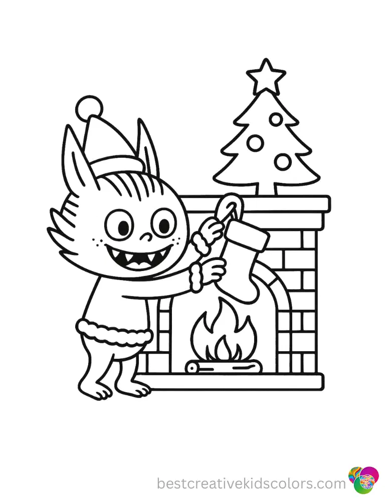A joyful Labubu inside christmas labubu drawing neatly hangs a red velvet stocking by the warm fireplace.