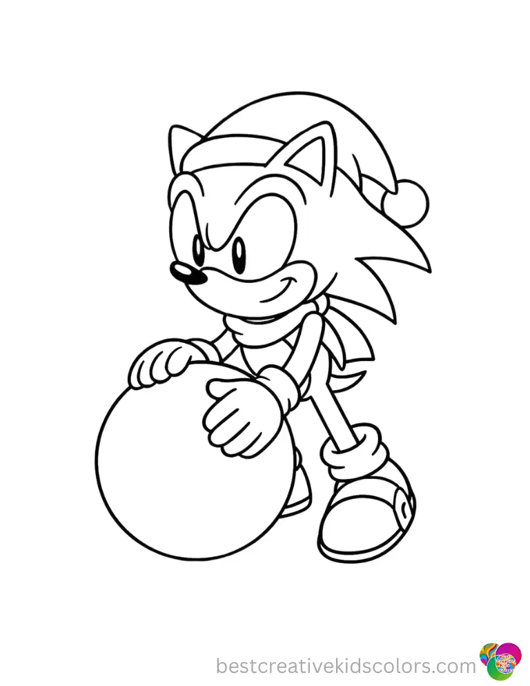 christmas sonic coloring pages features Sonic tightly packing a round snowball outside.