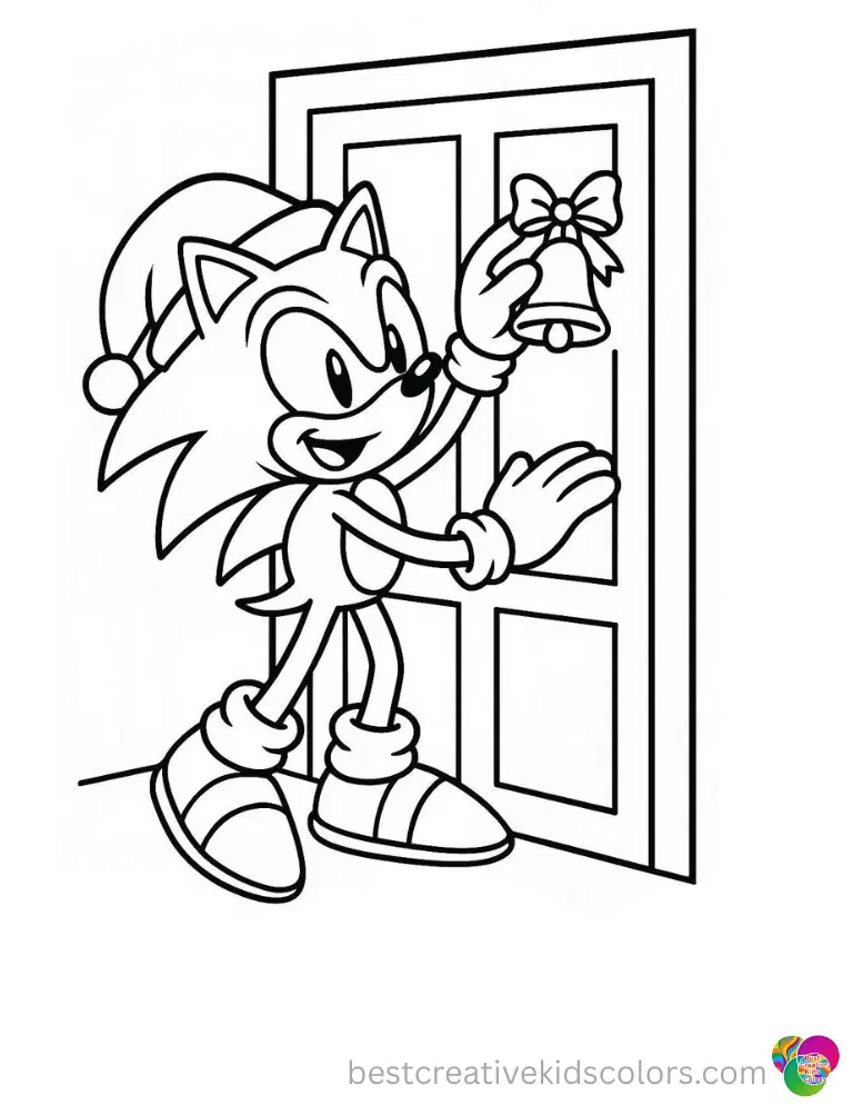 Sonic inside christmas sonic drawing happily hangs a golden bell on the wooden door.