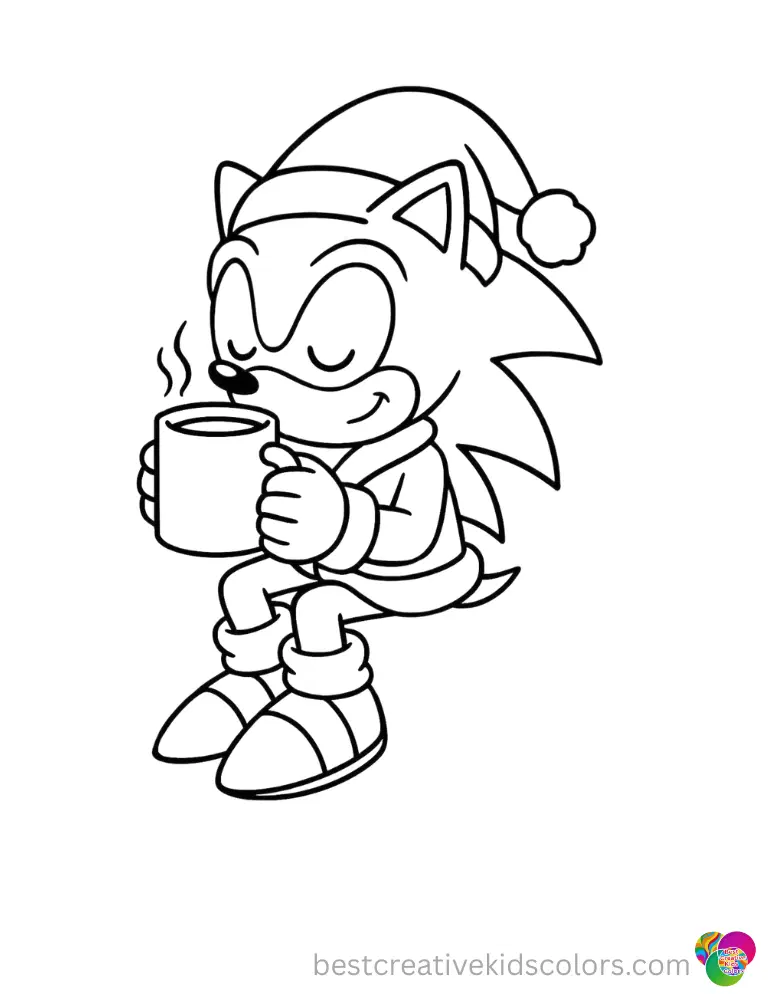 Sonic the hedgehog inside christmas sonic the hedgehog quietly drinks a mug of cocoa.