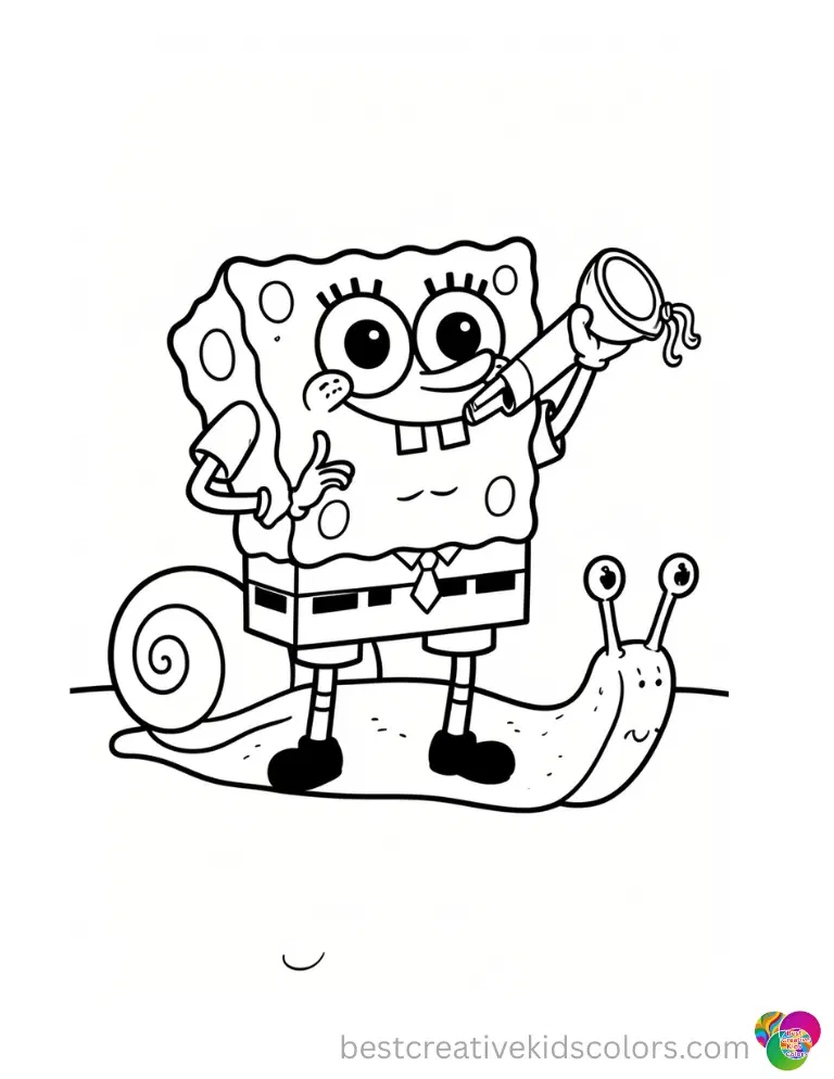A cheerful SpongeBob uses a silver whistle to signal the start of a snail race on this color page spongebob.