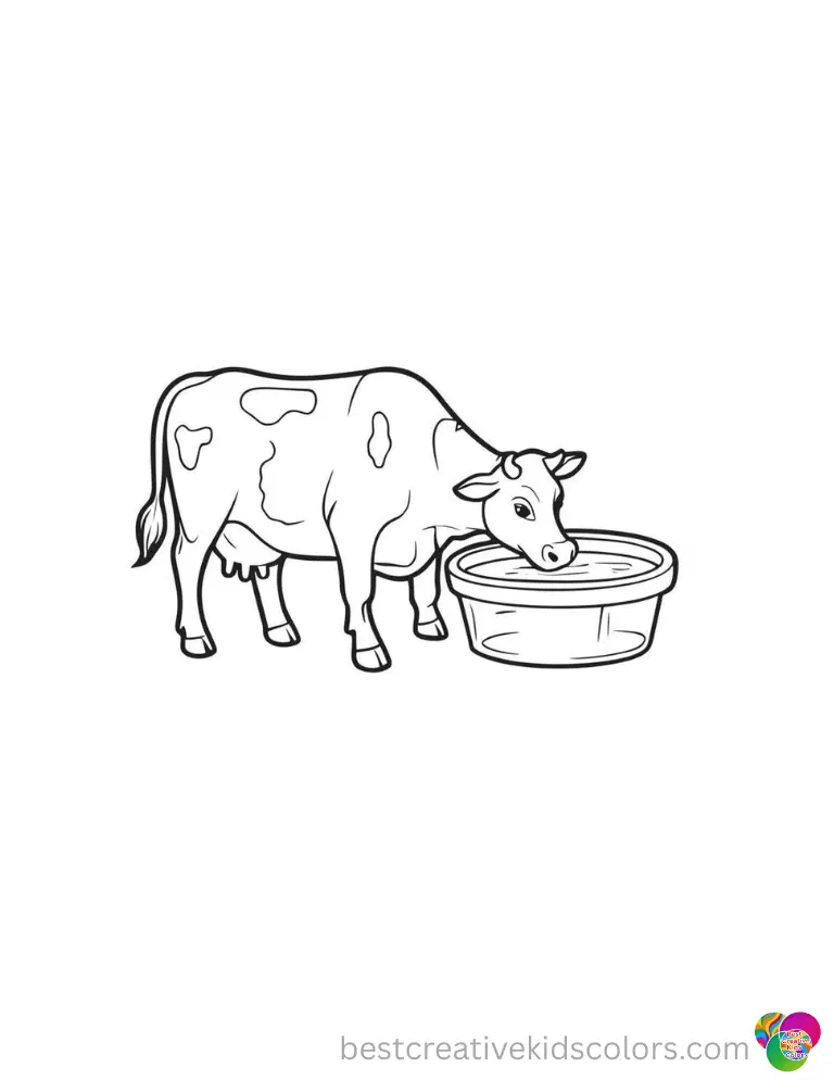 A clear water trough in color pages cow sits ready for a thirsty animal to drink.