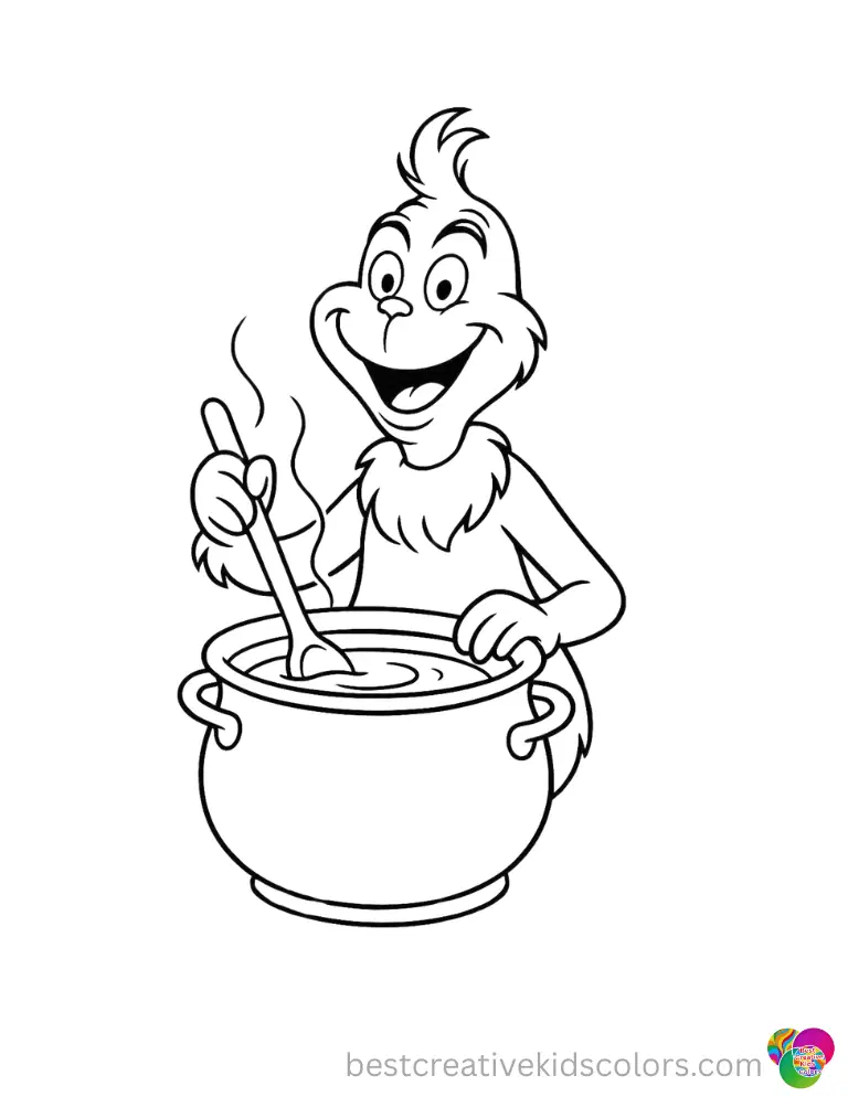 The cheerful grinch happily stirs a pot of hot soup today inside color pages grinch.