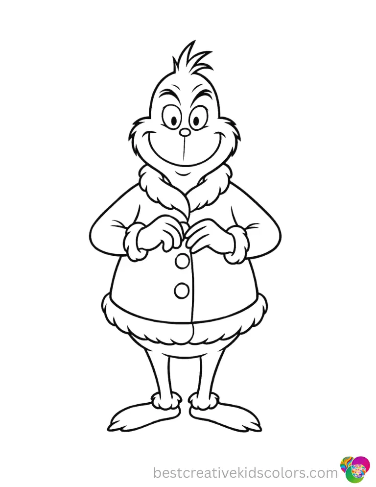 A kind grinch securely buttons a thick winter coat in color pages of the grinch.