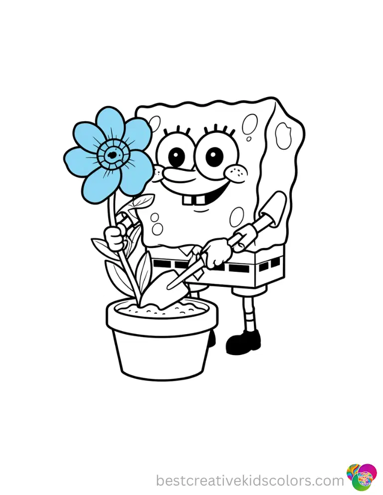 color pages spongebob depict SpongeBob using a garden trowel to plant a blue anemone in a small clay pot.